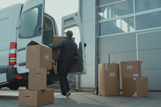 pexels-photo-6169056-6169056-1 A delivery man unloading cardboard boxes from a van at a warehouse during the day.