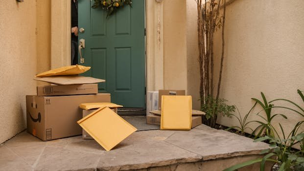 pexels-photo-6994108-6994108 Multiple delivery packages and parcels stacked at a teal front door entrance on a porch.
